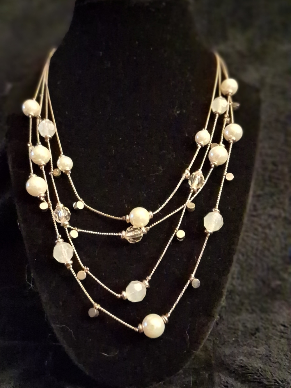 Elegant Multi-Strand Pearl & Crystal Necklace in White